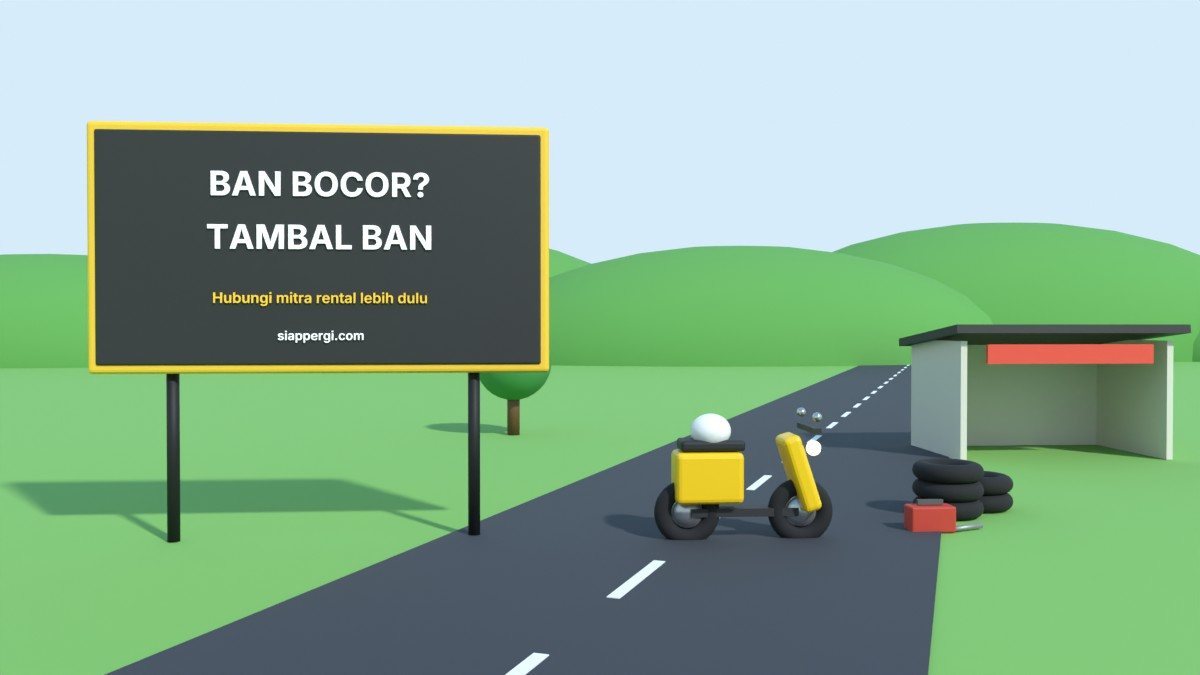 Render 3D papan Ban Bocor? Tambal Ban dengan tumpukan ban dan kotak perkakas — SiapPergi