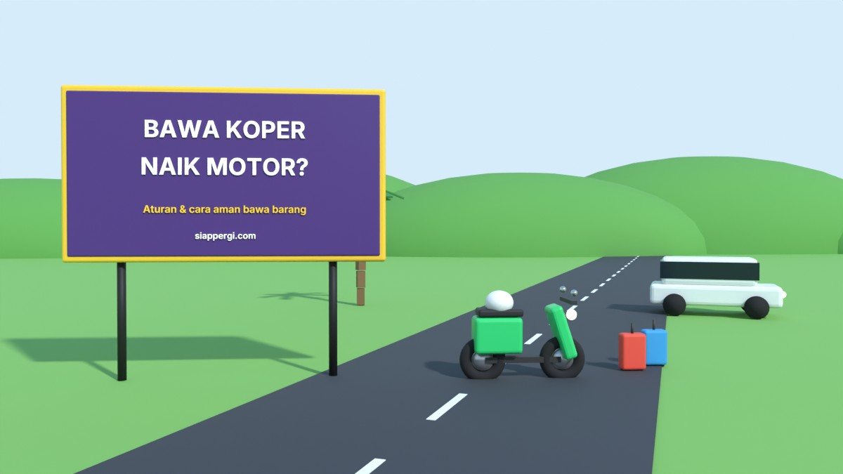Render 3D papan Bawa Koper Naik Motor dengan dua koper dan mobil — SiapPergi