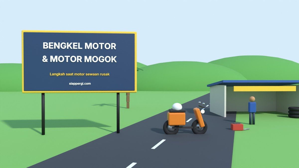 Render 3D papan Bengkel Motor & Motor Mogok dengan bengkel, mekanik dan perkakas — SiapPergi
