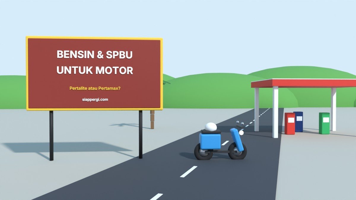 Render 3D papan Bensin & SPBU untuk Motor dengan pom bensin dan skuter biru — SiapPergi