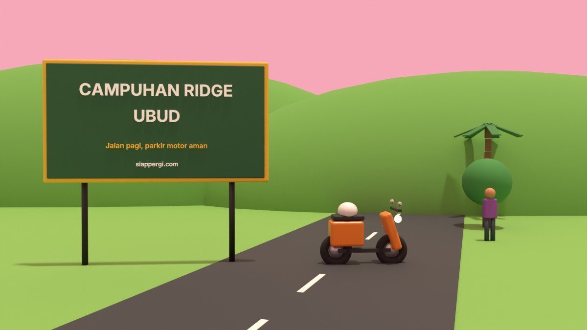 Render 3D papan Campuhan Ridge Ubud dengan bukit hijau dan pejalan kaki — SiapPergi