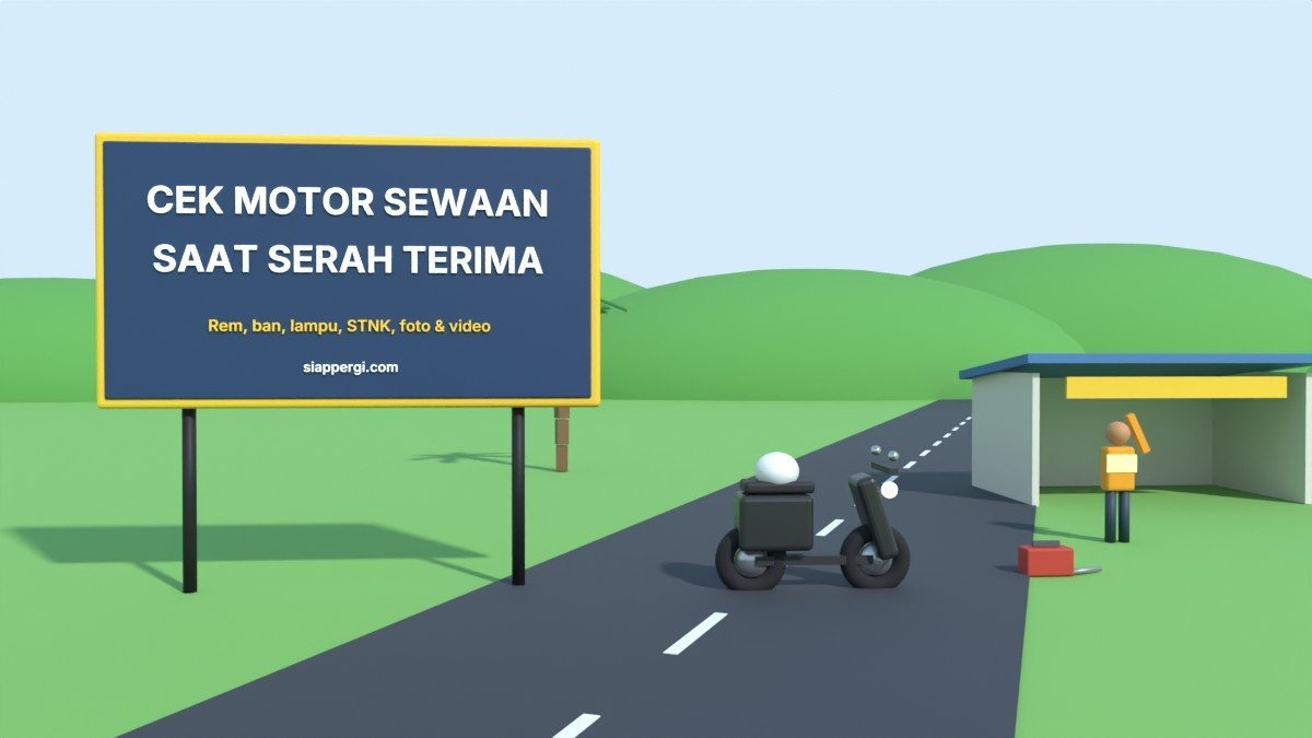 Render 3D papan Cek Motor Sewaan saat Serah Terima dengan skuter hitam dan petugas rental — SiapPergi