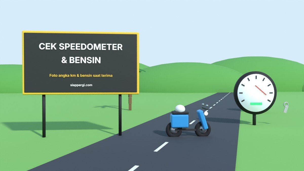Render 3D papan Cek Speedometer & Bensin dengan panel instrumen besar dan kunci motor — SiapPergi