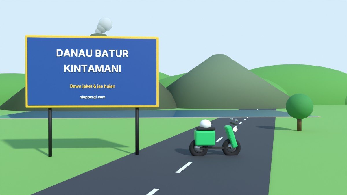 Render 3D papan Danau Batur Kintamani dengan danau dan gunung berapi — SiapPergi