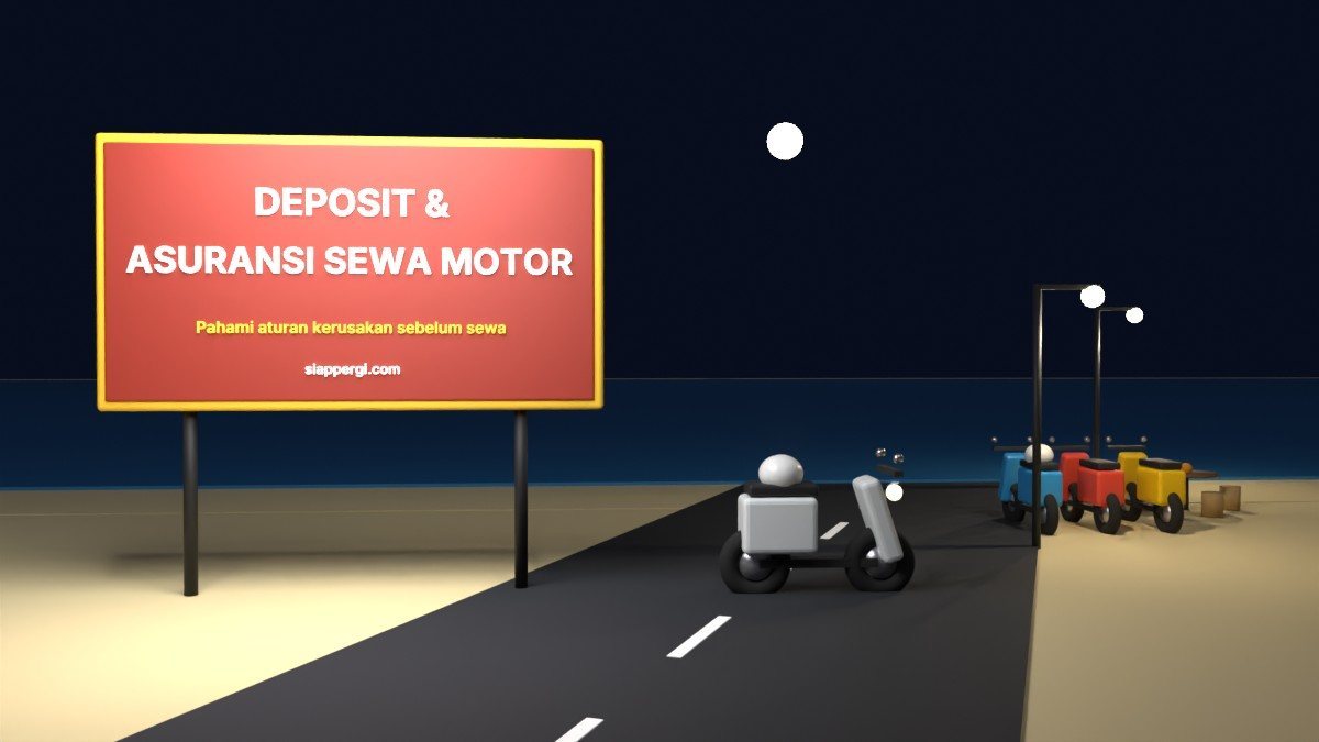 Render 3D papan Deposit & Asuransi Sewa Motor di parkiran pantai malam hari — SiapPergi