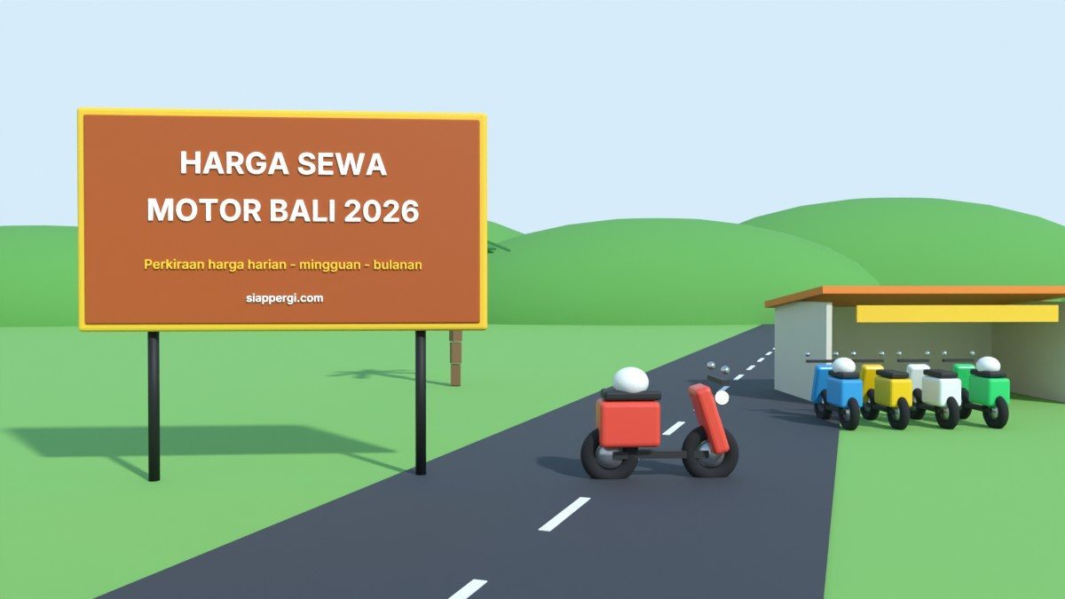 Render 3D papan Harga Sewa Motor Bali 2026 di depan toko rental dengan deretan skuter — SiapPergi