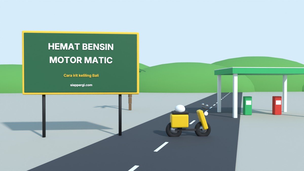 Render 3D papan Hemat Bensin Motor Matic dengan SPBU hijau — SiapPergi