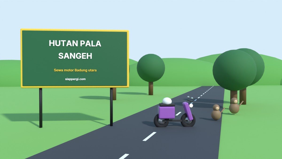 Render 3D papan Hutan Pala Sangeh dengan pohon pala tinggi dan monyet — SiapPergi