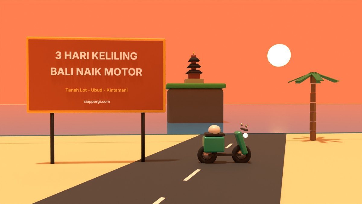 Render 3D papan 3 Hari Keliling Bali Naik Motor dengan pura di atas batu karang saat senja — SiapPergi