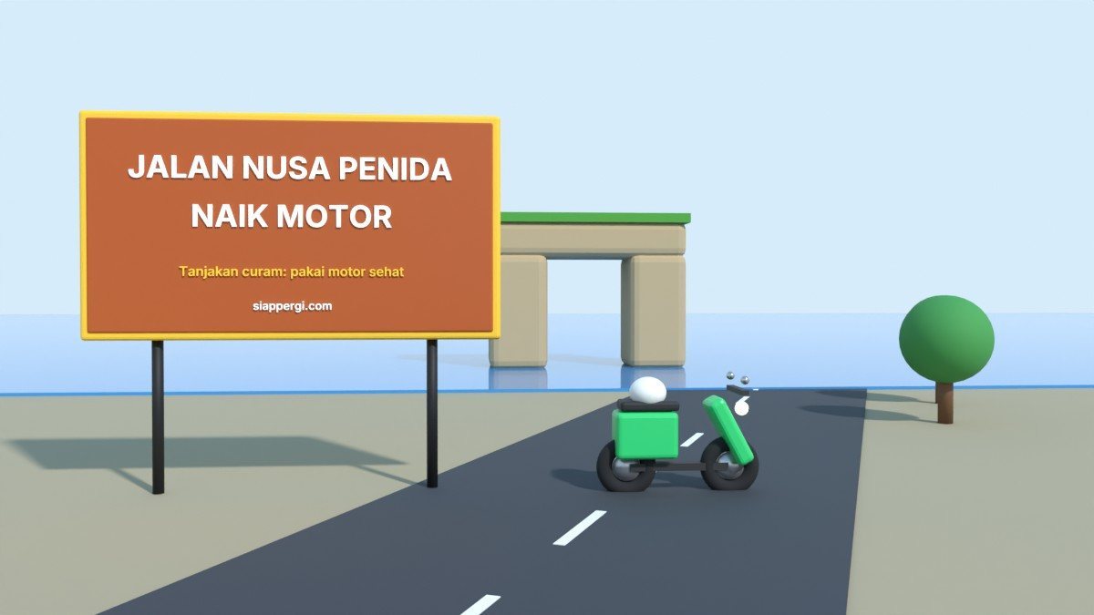 Render 3D papan Jalan Nusa Penida Naik Motor dengan lengkung batu Broken Beach — SiapPergi