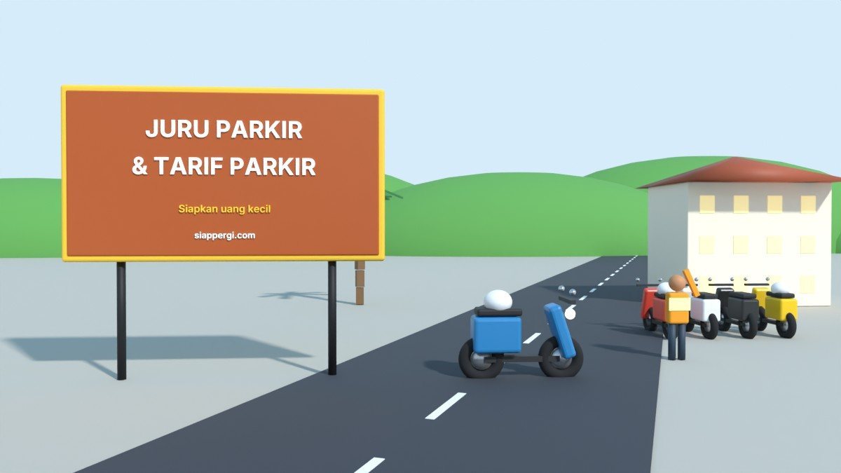 Render 3D papan Juru Parkir & Tarif Parkir dengan petugas parkir dan deretan skuter — SiapPergi