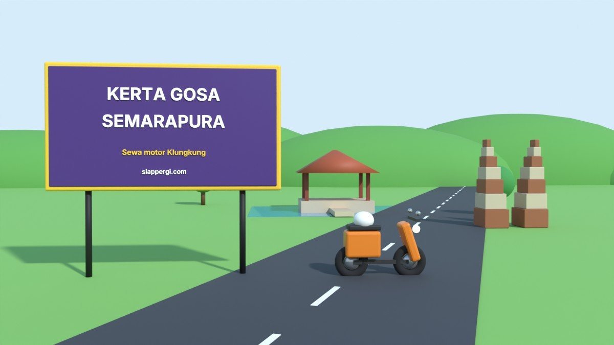 Render 3D papan Kerta Gosa Semarapura dengan bale kambang di tengah kolam — SiapPergi