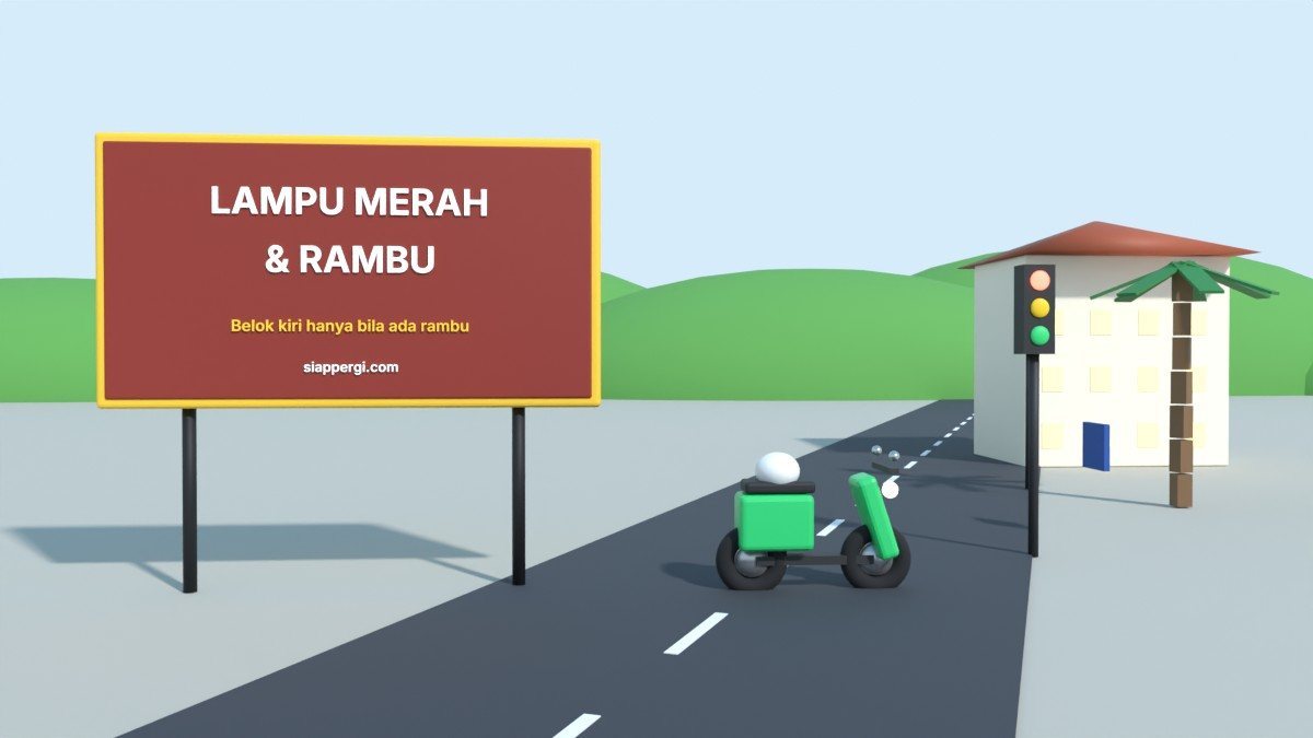 Render 3D papan Lampu Merah & Rambu dengan lampu lalu lintas di persimpangan — SiapPergi