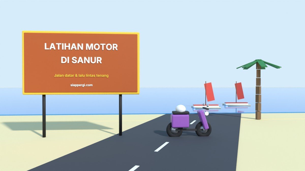 Render 3D papan Latihan Motor di Sanur dengan perahu jukung layar merah — SiapPergi