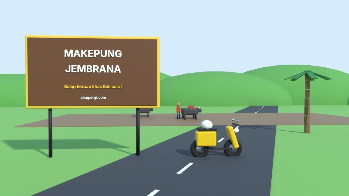 Render 3D papan Makepung Jembrana dengan kerbau balap di sawah berlumpur — SiapPergi