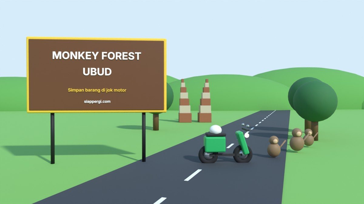 Render 3D papan Monkey Forest Ubud dengan monyet, pohon rimbun dan skuter — SiapPergi