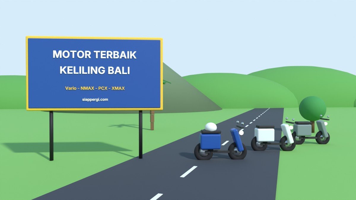 Render 3D papan Motor Terbaik Keliling Bali dengan tiga skuter dan gunung di kejauhan — SiapPergi