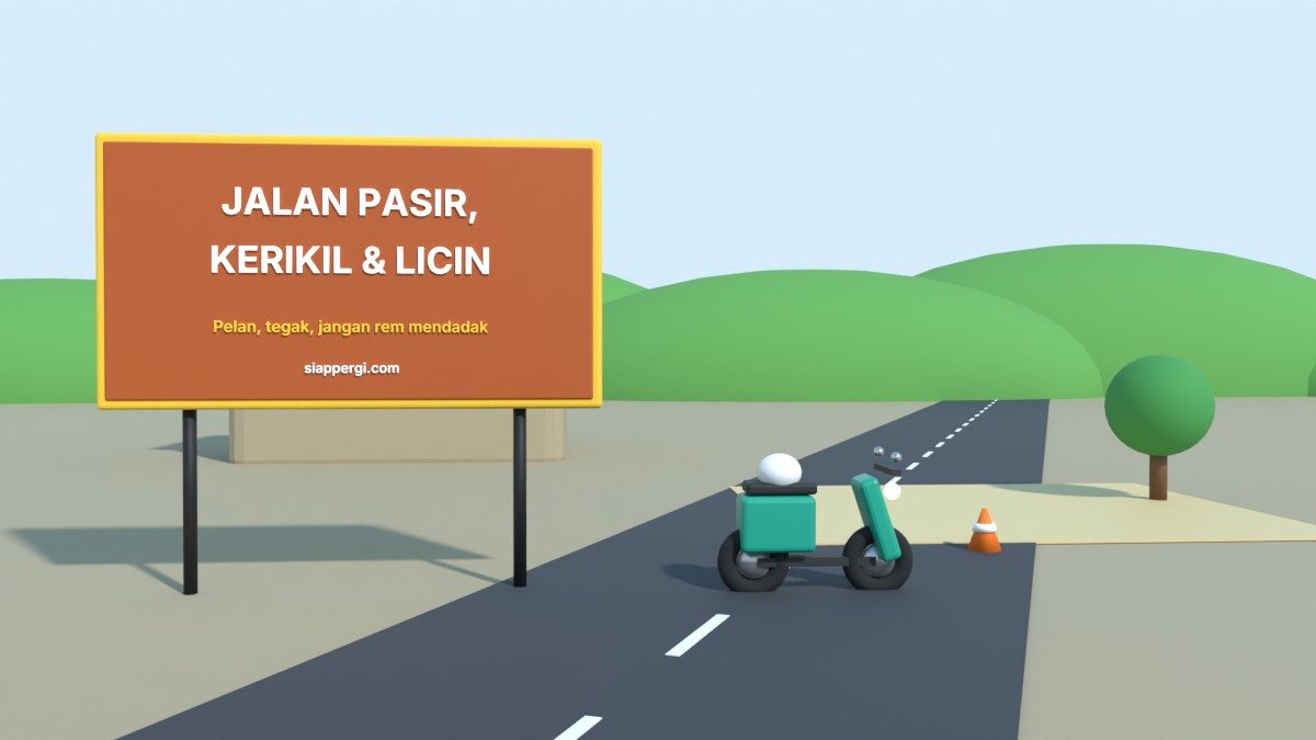 Render 3D papan Jalan Pasir, Kerikil & Licin dengan jalan berpasir — SiapPergi