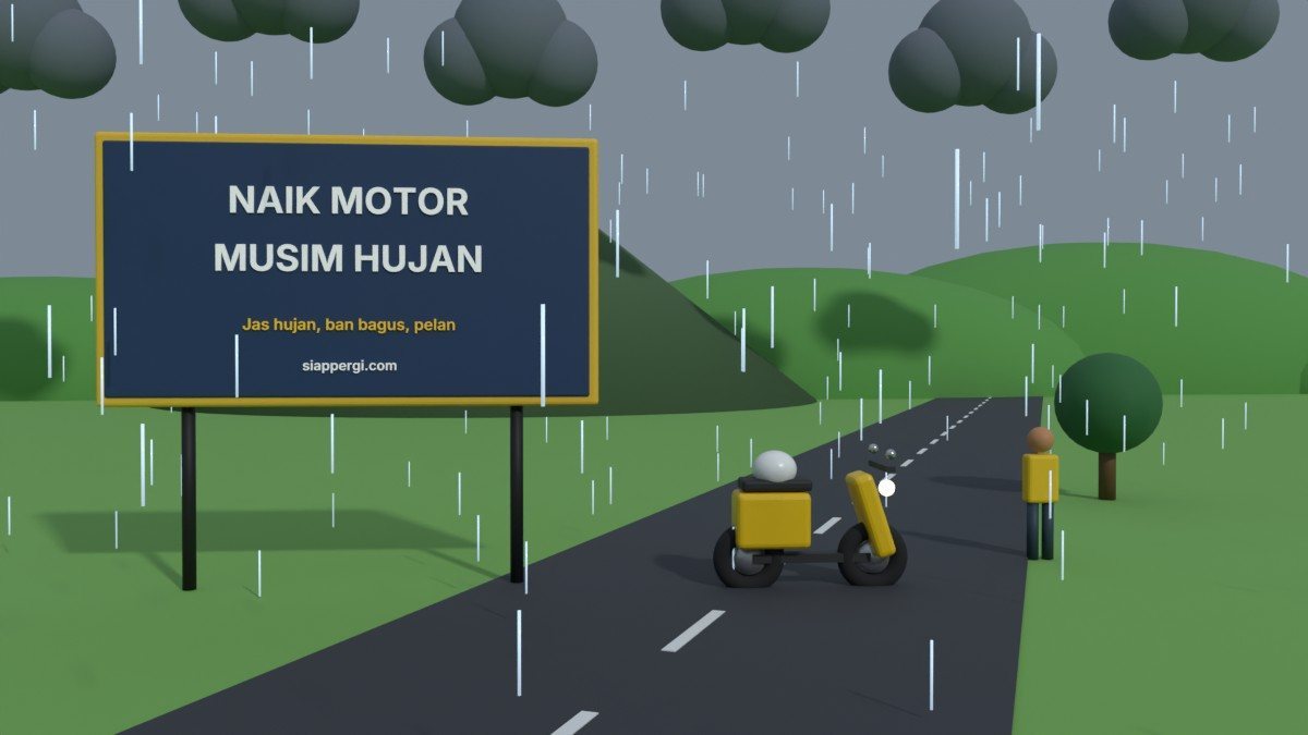 Render 3D papan Naik Motor Musim Hujan dengan hujan, awan gelap dan skuter kuning — SiapPergi
