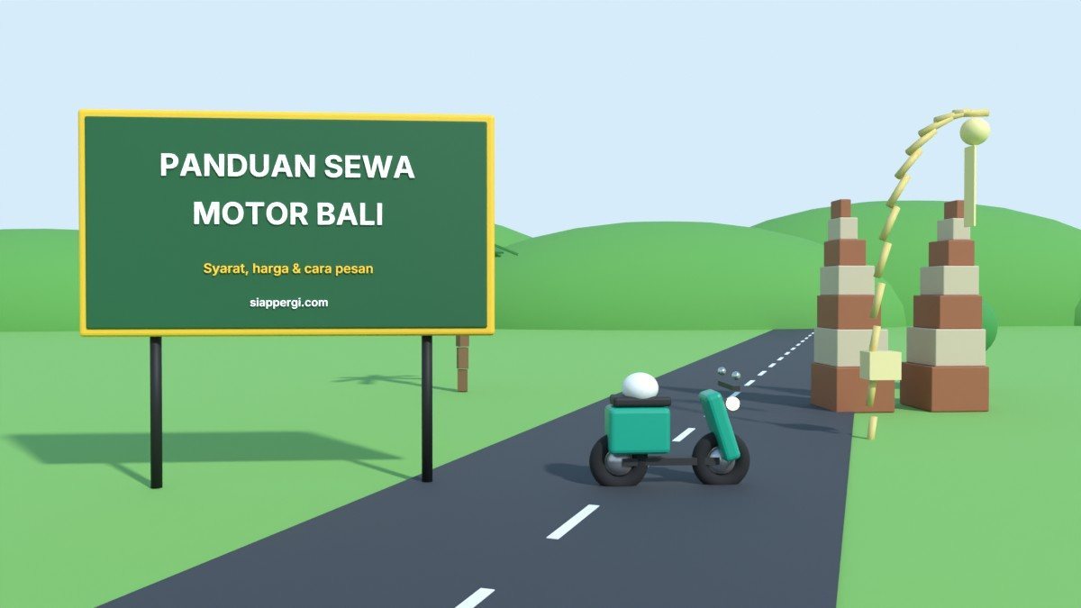 Render 3D papan Panduan Sewa Motor Bali dengan gerbang candi bentar dan penjor — SiapPergi