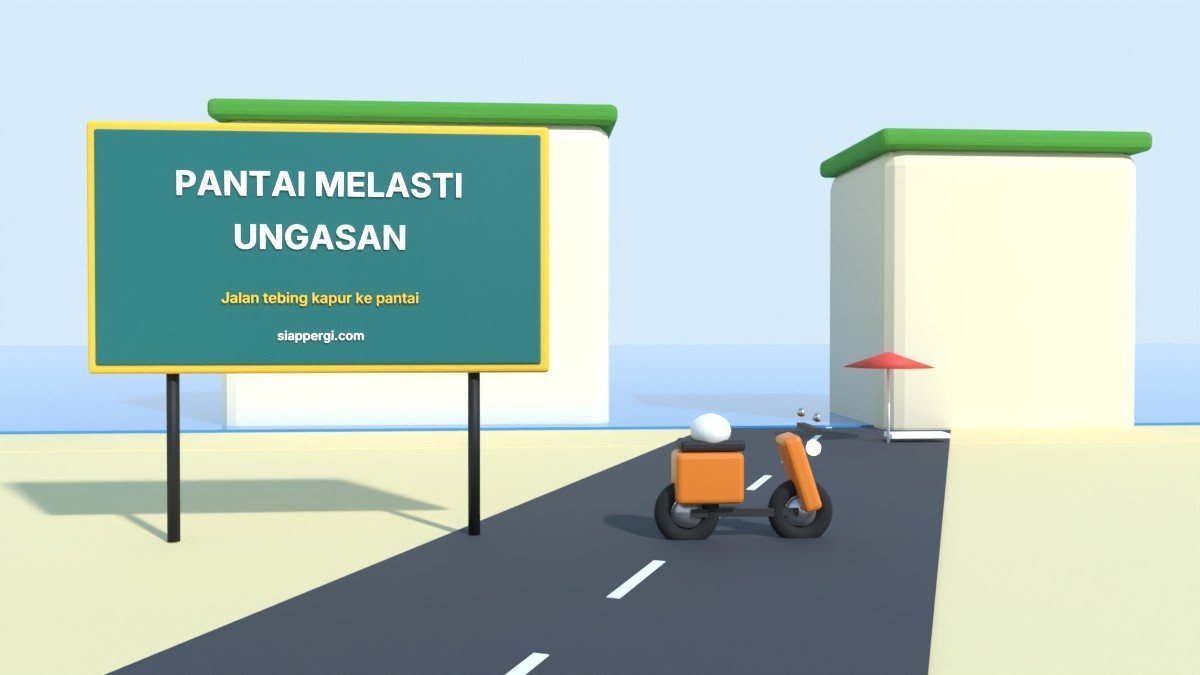 Render 3D papan Pantai Melasti Ungasan dengan tebing kapur putih dan laut — SiapPergi