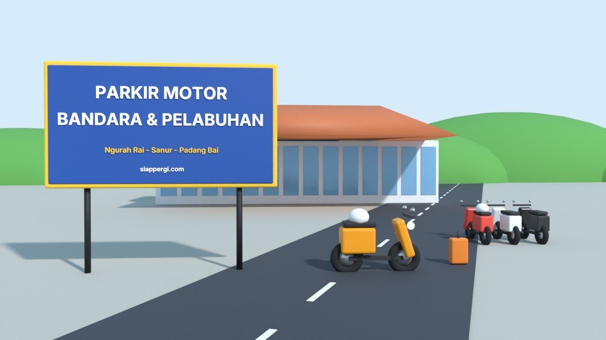 Render 3D papan Parkir Motor Bandara & Pelabuhan dengan terminal dan deretan skuter — SiapPergi