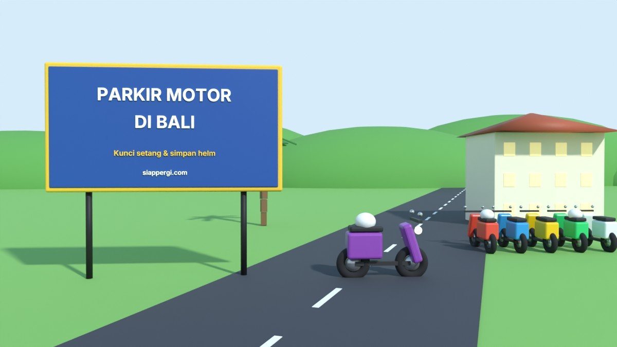 Render 3D papan Parkir Motor di Bali dengan deretan skuter berwarna-warni — SiapPergi