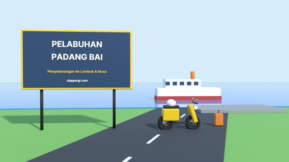 Render 3D papan Pelabuhan Padang Bai dengan kapal penyeberangan dan koper — SiapPergi