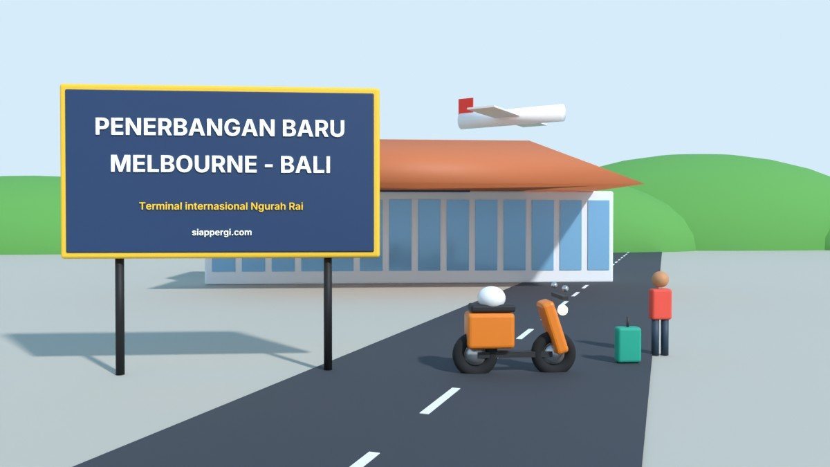 Render 3D papan Penerbangan Baru Melbourne - Bali di depan terminal internasional — SiapPergi