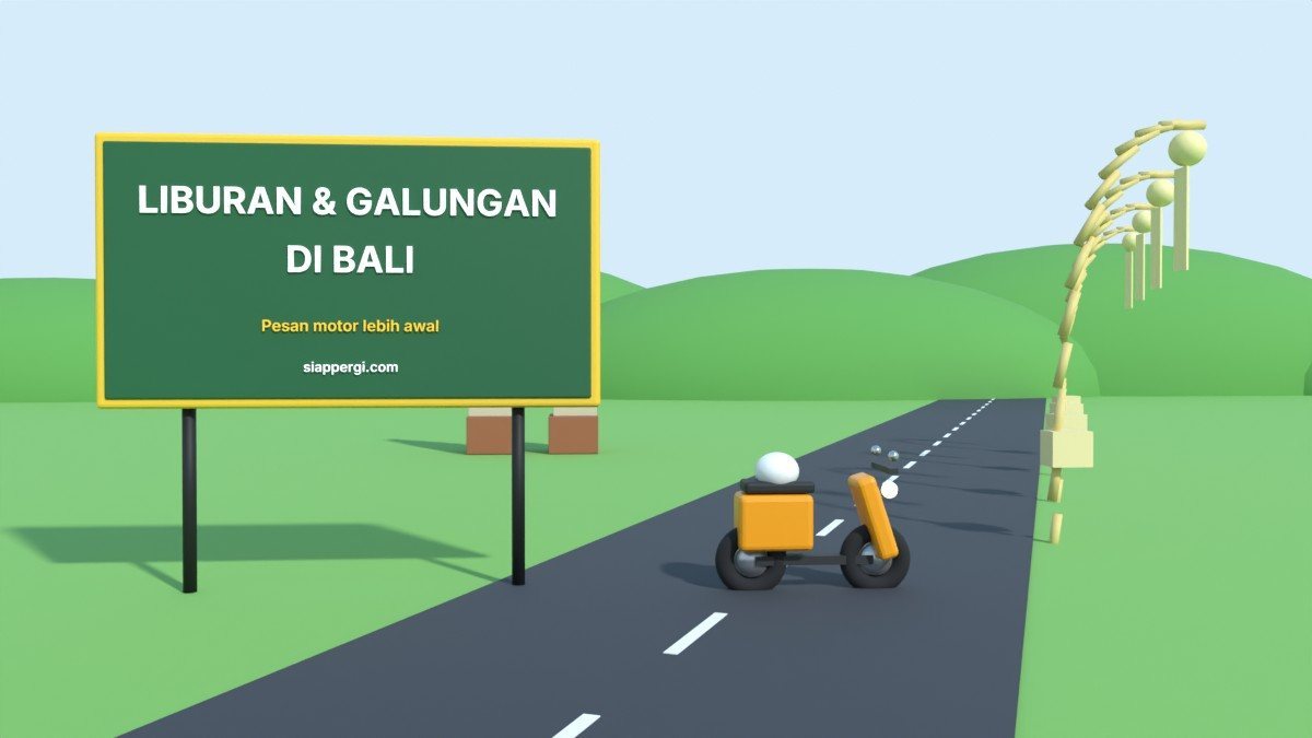 Render 3D papan Liburan & Galungan di Bali dengan deretan penjor di tepi jalan — SiapPergi