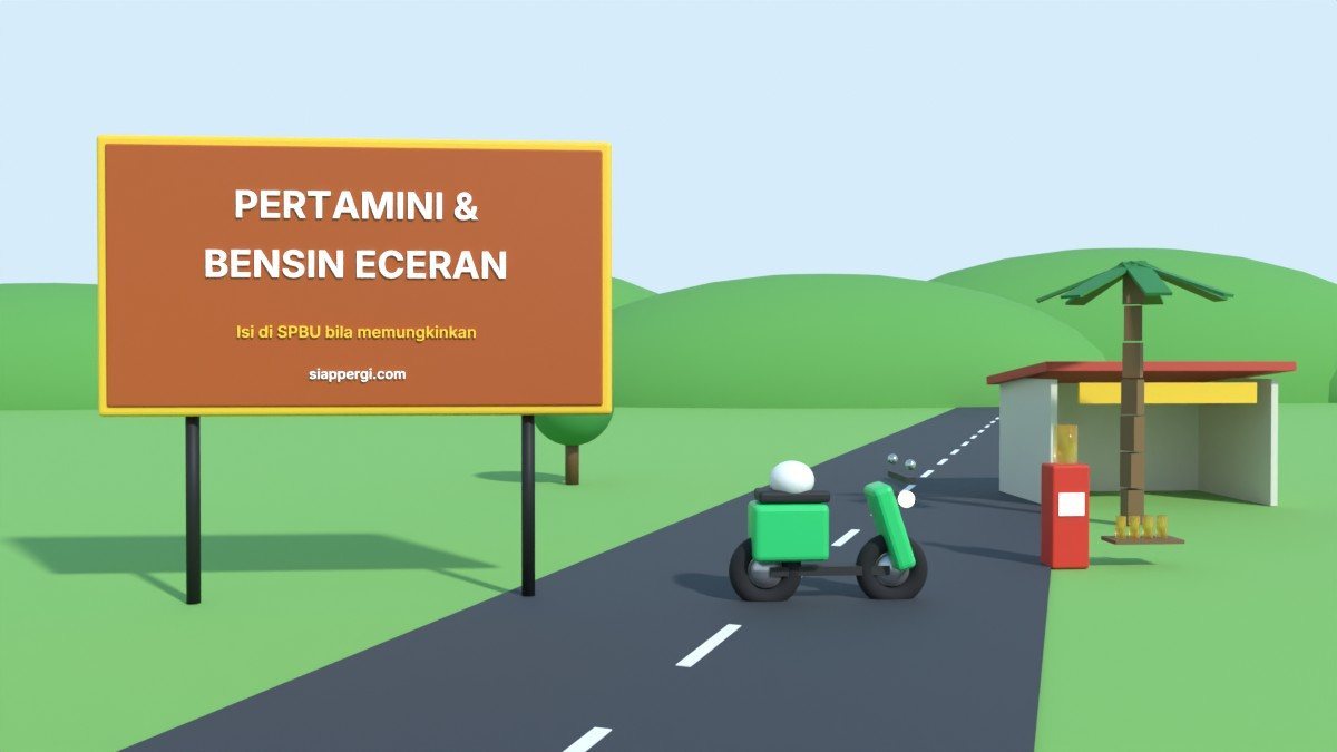 Render 3D papan Pertamini & Bensin Eceran dengan pom mini dan botol bensin — SiapPergi
