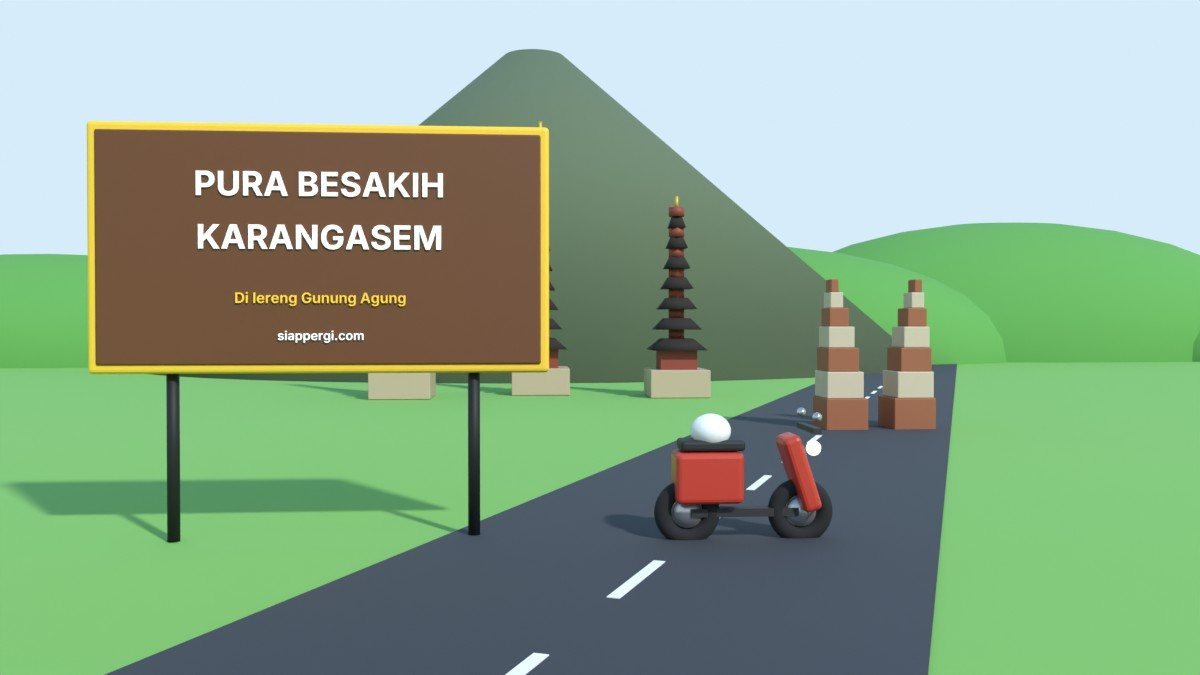 Render 3D papan Pura Besakih Karangasem dengan meru bertingkat di kaki Gunung Agung — SiapPergi