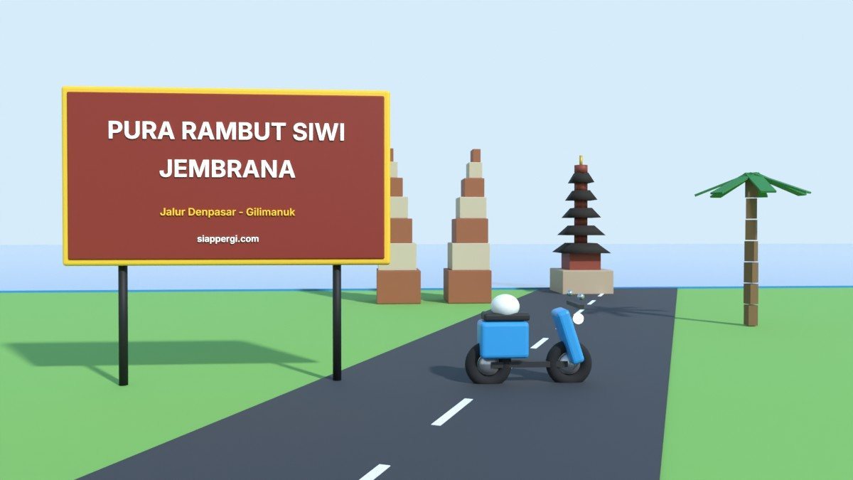Render 3D papan Pura Rambut Siwi Jembrana dengan gerbang candi bentar di tepi laut — SiapPergi