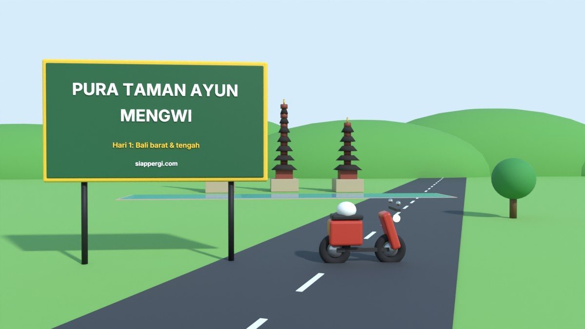Render 3D papan Pura Taman Ayun Mengwi dengan meru bertingkat dan parit — SiapPergi