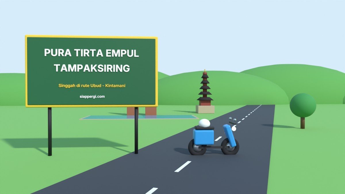 Render 3D papan Pura Tirta Empul Tampaksiring dengan kolam suci dan gerbang candi bentar — SiapPergi