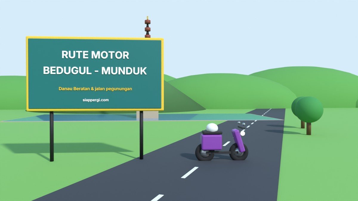 Render 3D papan Rute Motor Bedugul - Munduk dengan pura meru di Danau Beratan — SiapPergi