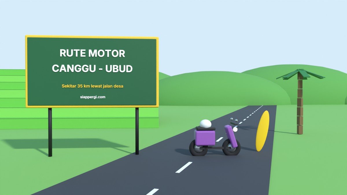 Render 3D papan Rute Motor Canggu - Ubud dengan sawah dan papan selancar — SiapPergi