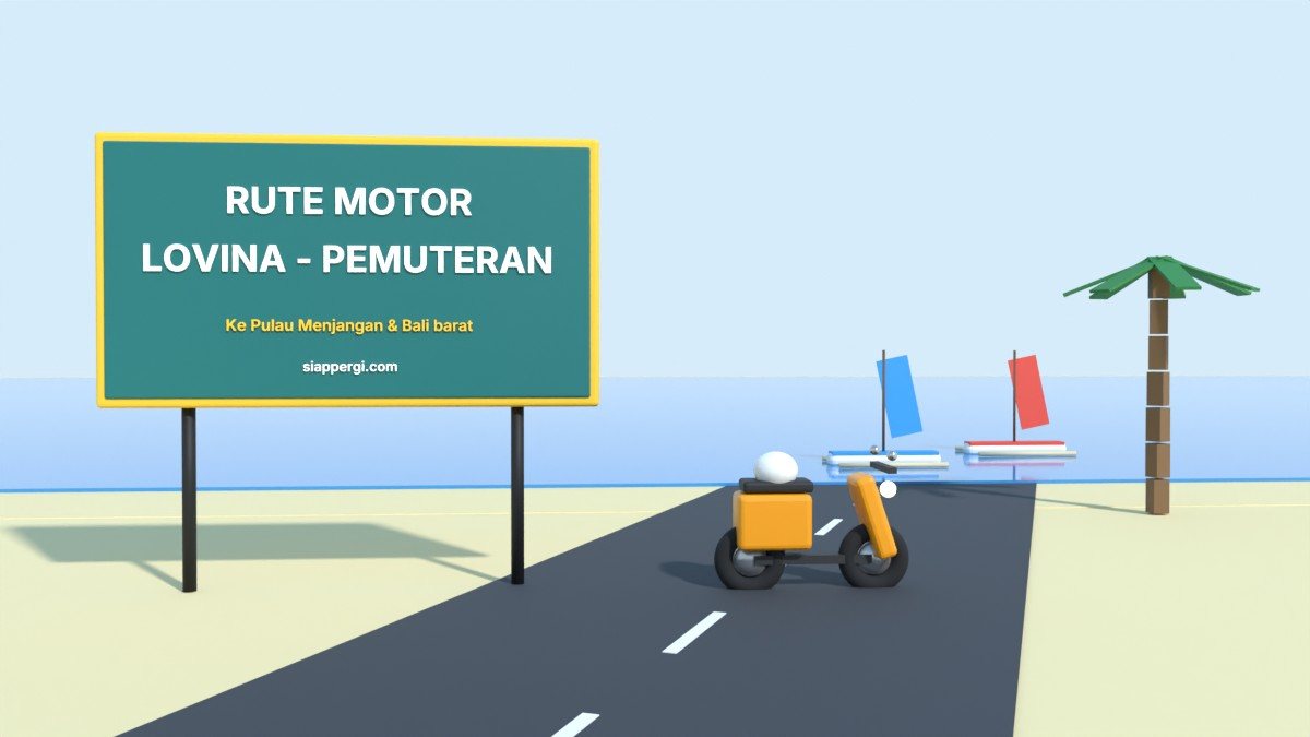 Render 3D papan Rute Motor Lovina - Pemuteran dengan perahu di pantai utara — SiapPergi