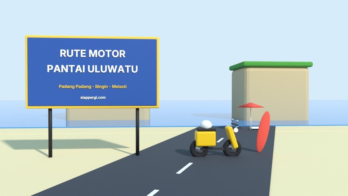 Render 3D papan Rute Motor Pantai Uluwatu dengan teluk berpasir di antara tebing — SiapPergi