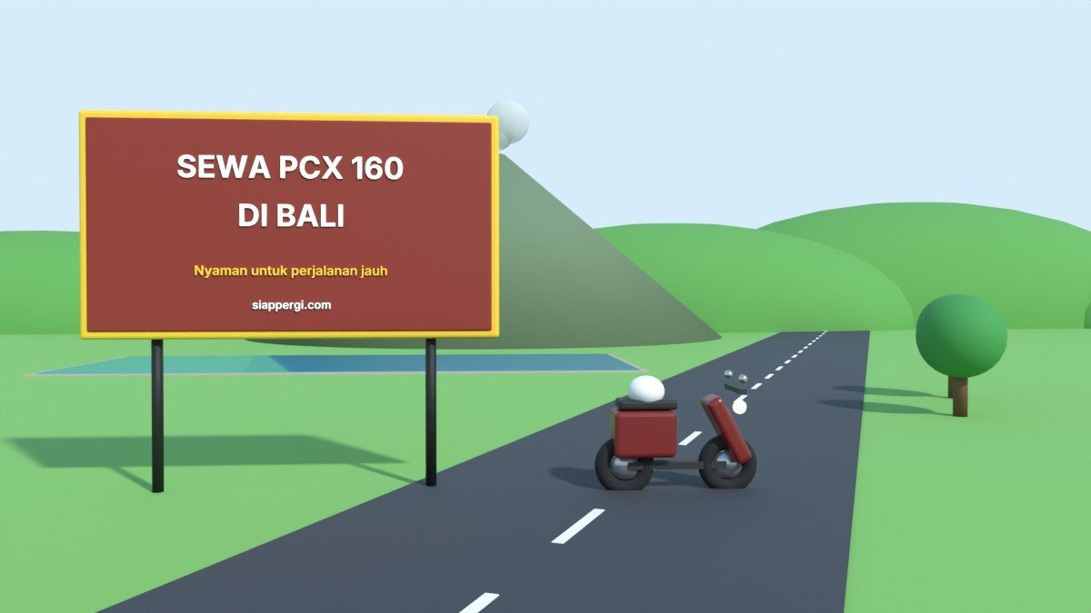 Render 3D papan Sewa PCX 160 di Bali dengan skuter merah marun, danau dan gunung — SiapPergi