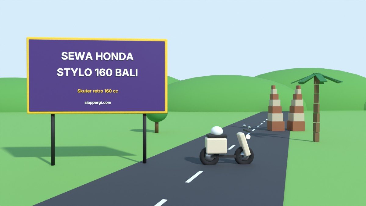 Render 3D papan Sewa Honda Stylo 160 Bali dengan skuter retro krem — SiapPergi