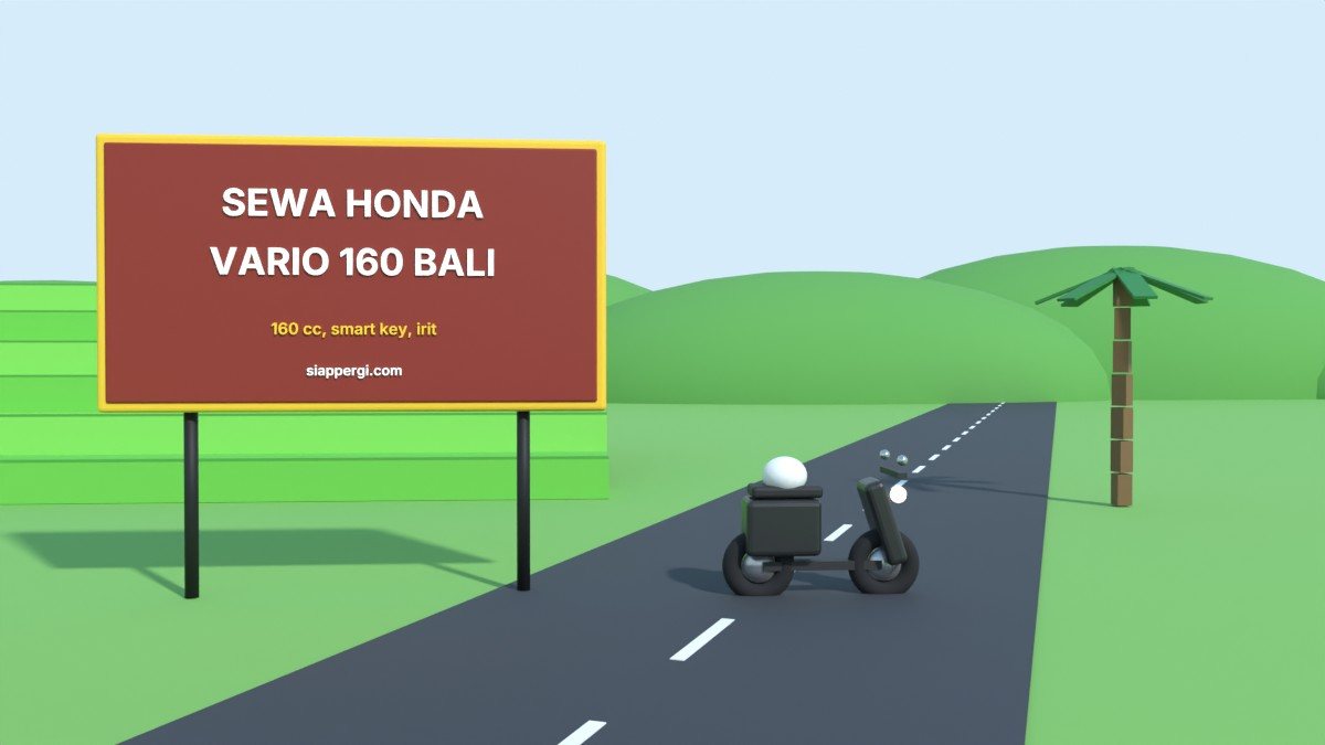 Render 3D papan Sewa Honda Vario 160 Bali dengan skuter hitam di tepi sawah — SiapPergi