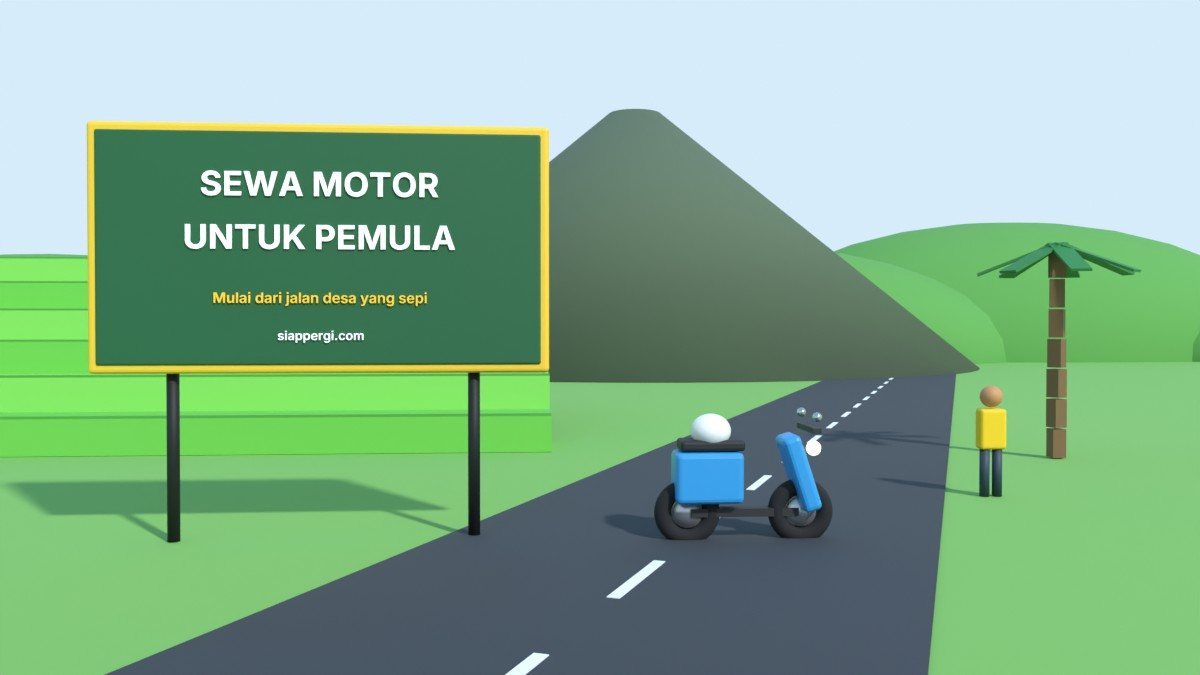 Render 3D papan Sewa Motor untuk Pemula di jalan desa Sidemen dengan sawah dan gunung — SiapPergi