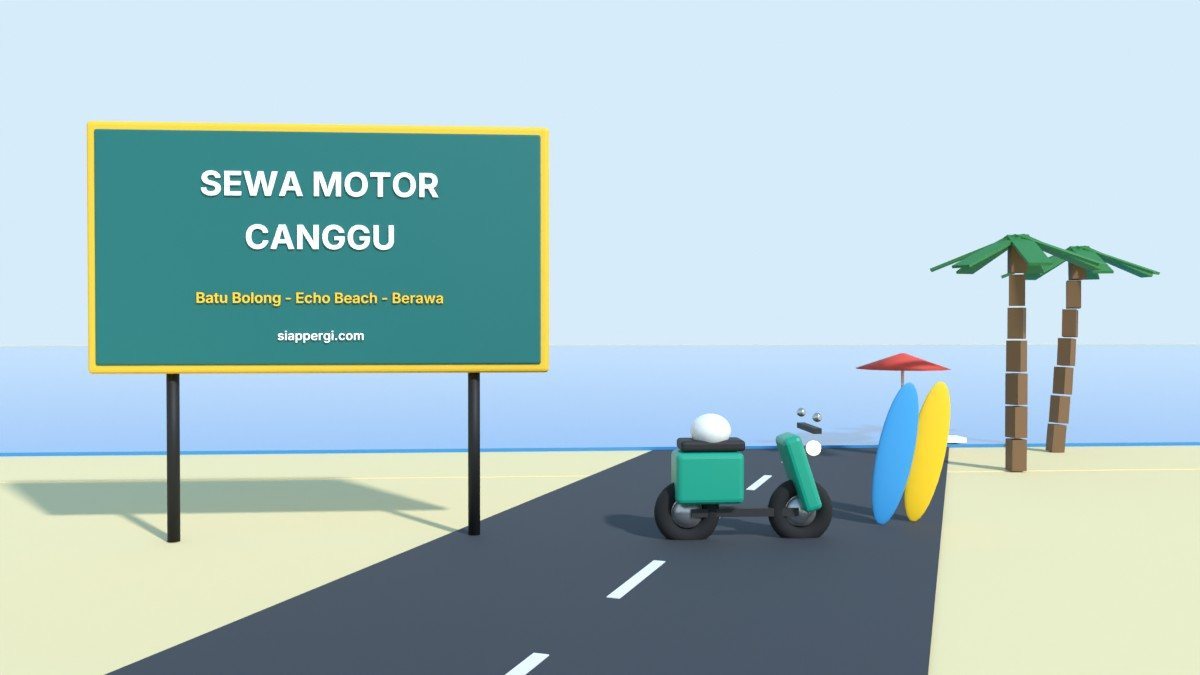 Render 3D papan Sewa Motor Canggu dengan skuter hijau tosca, papan selancar dan pantai — SiapPergi