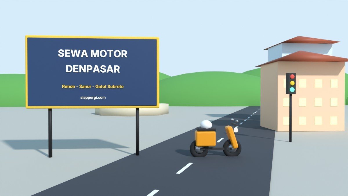 Render 3D papan Sewa Motor Denpasar dengan monumen dan gedung kota — SiapPergi