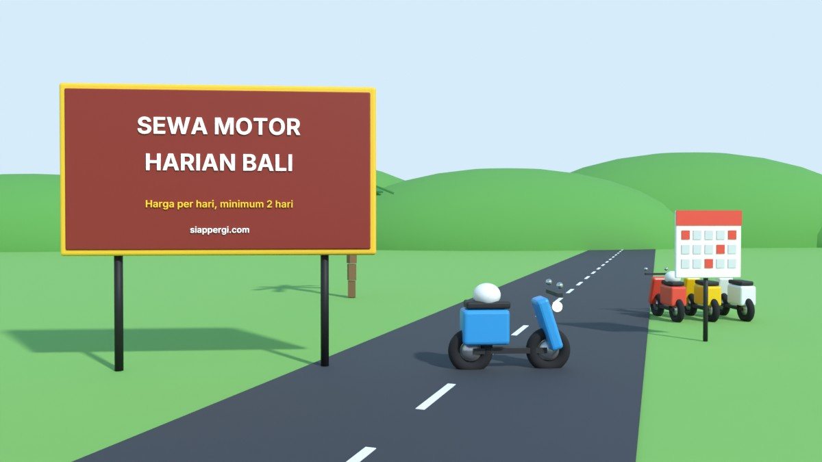 Render 3D papan Sewa Motor Harian Bali dengan kalender dan deretan skuter — SiapPergi