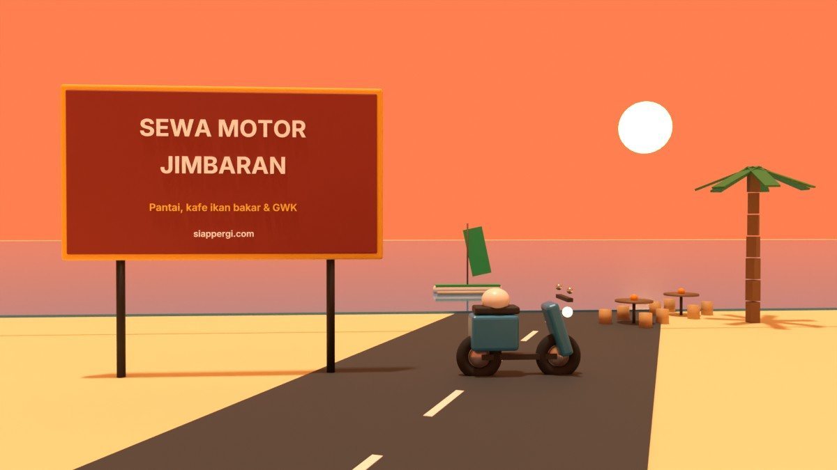 Render 3D papan Sewa Motor Jimbaran di pantai saat senja dengan meja kafe dan perahu — SiapPergi
