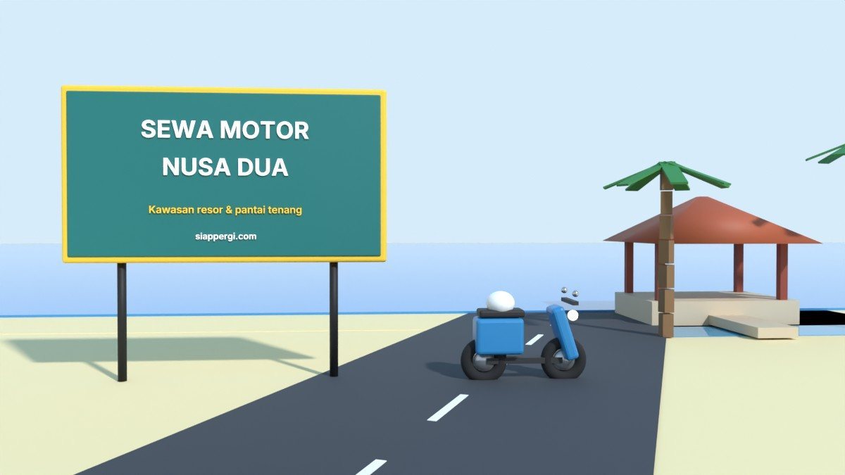 Render 3D papan Sewa Motor Nusa Dua dengan gazebo di kolam dan pantai resor — SiapPergi