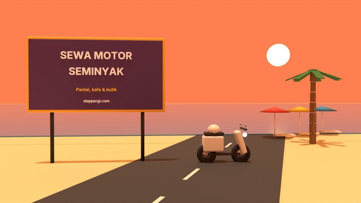 Render 3D papan Sewa Motor Seminyak dengan payung pantai warna-warni dan skuter putih — SiapPergi
