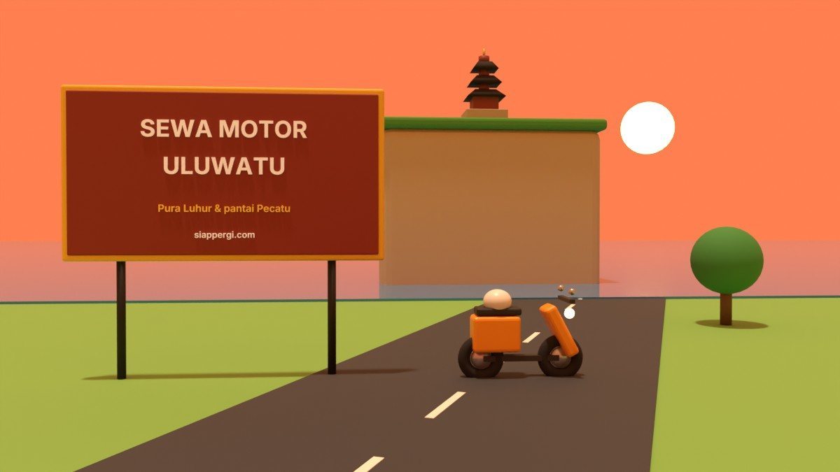 Render 3D papan Sewa Motor Uluwatu dengan pura di atas tebing laut saat senja — SiapPergi
